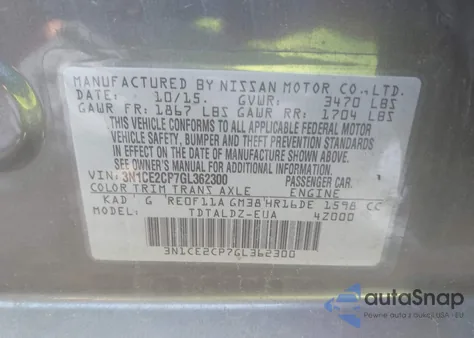 2016 Nissan Versa Note S (Sr)/S Plus/Sl/Sr/Sv из США, поврежденный, VIN 3N1CE2CP7GL362300